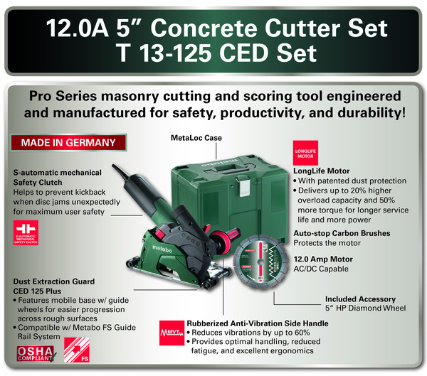 PTM-GC600431680 5" Concrete Cutter Set-9,600 RPM-12.0 Amps -w/Lock-on, 5" HP Diamond Wheel, Shroud w/ Roller